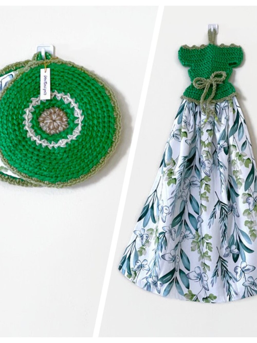 Tea Towel Pot Holder Set, Crochet Gift Set Hanging Dish Towel and Pot Holders